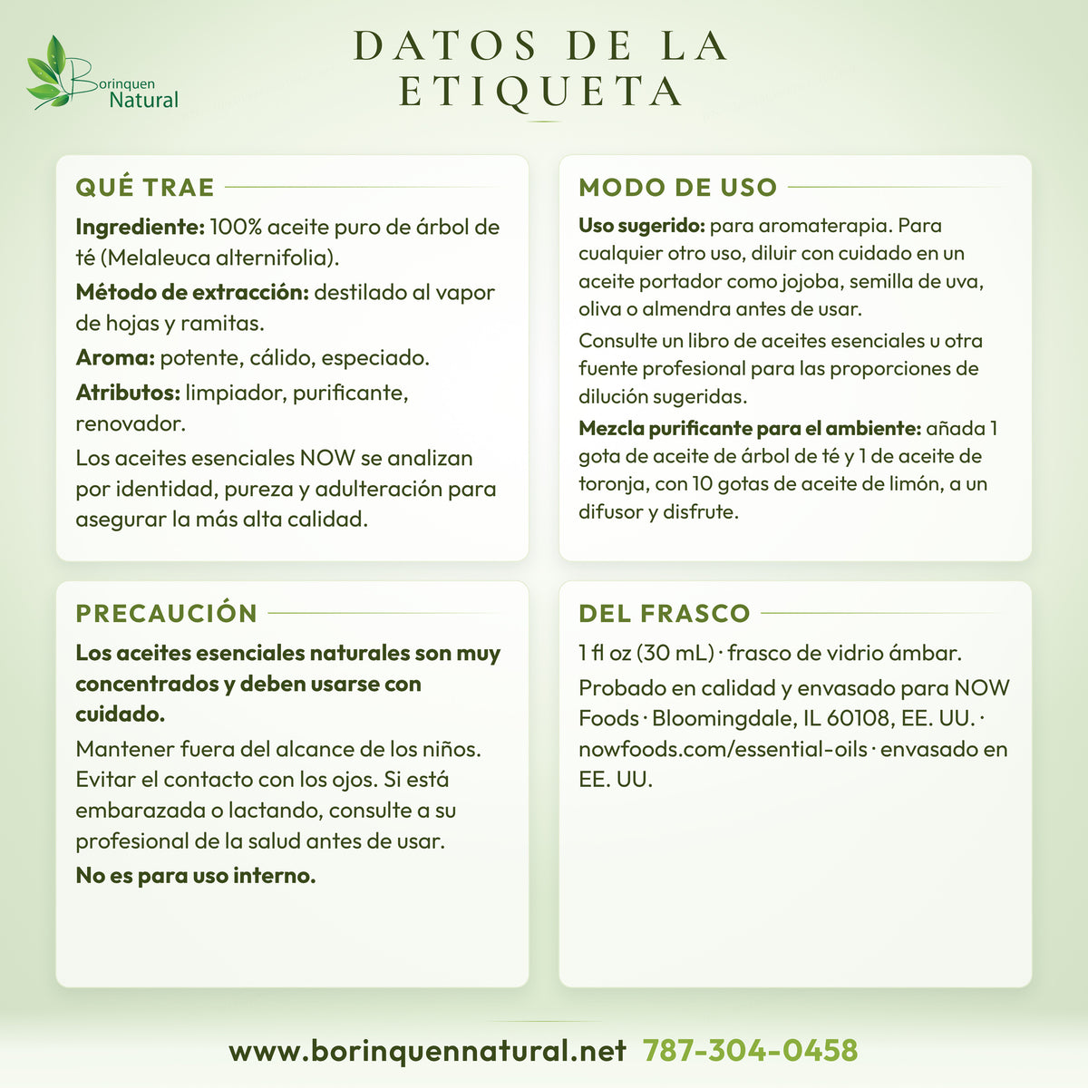 Datos de la etiqueta del aceite de árbol de té NOW: ingrediente, aroma, modo de uso, mezcla para difusor y precauciones