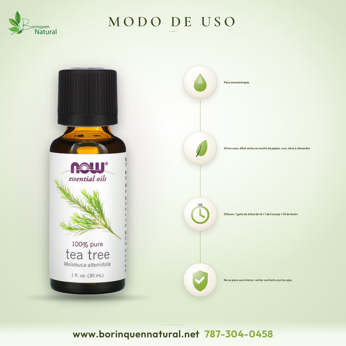 Modo de uso del aceite de árbol de té NOW: aromaterapia; para otros usos diluir en aceite portador