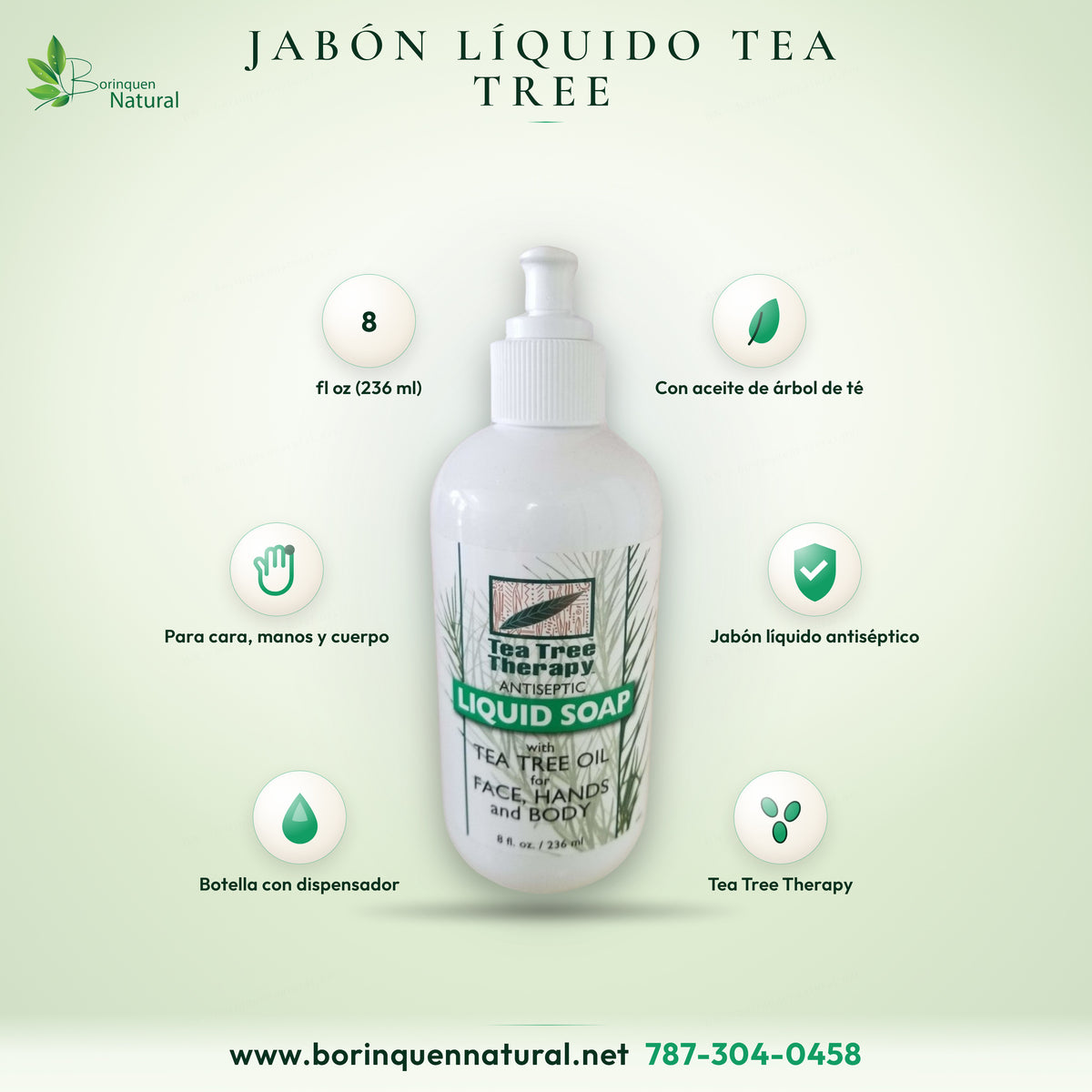 Jabón líquido antiséptico con aceite de árbol de té de Tea Tree Therapy, botella con dispensador de 8 fl oz (236 ml) para cara, manos y cuerpo