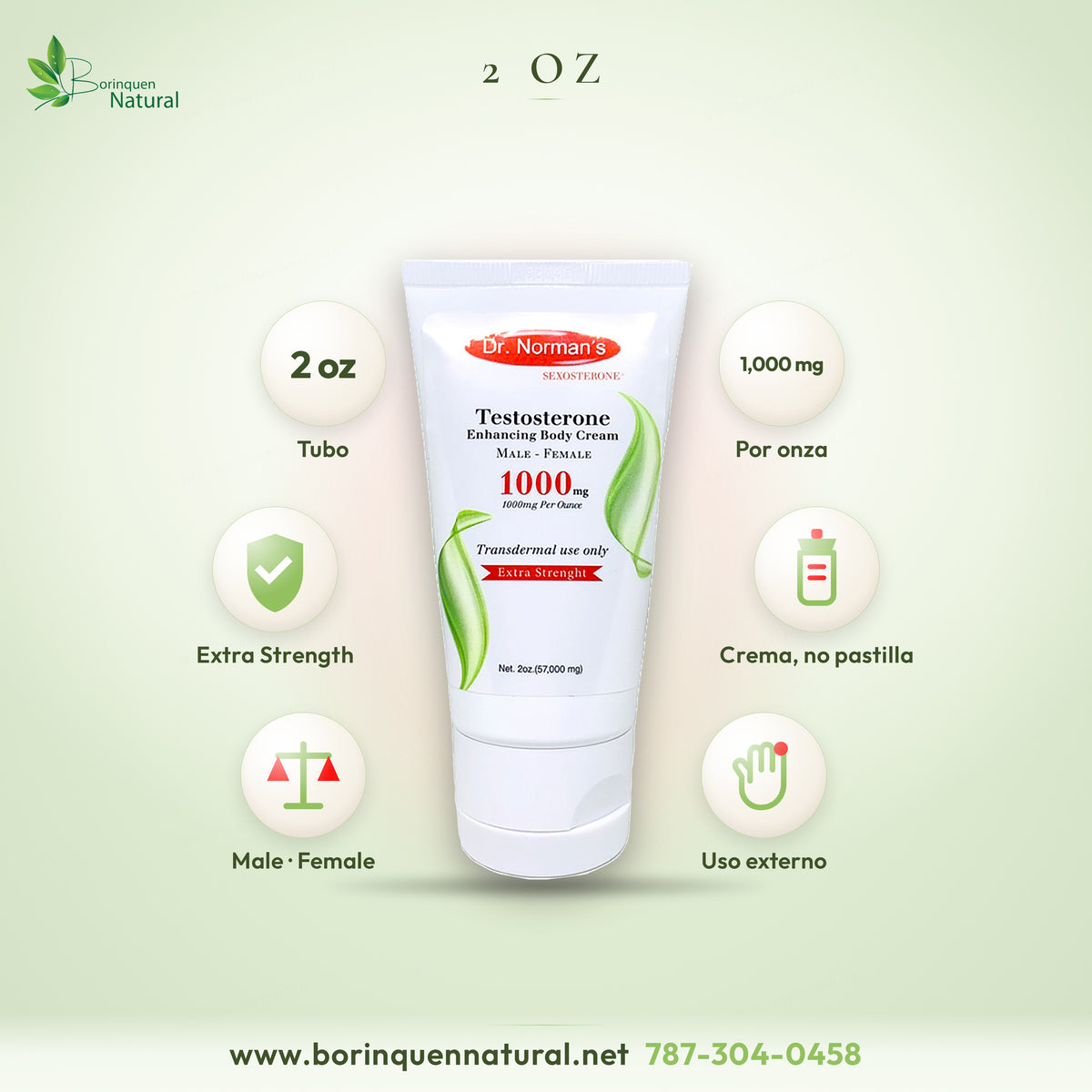 Contenido de la crema de testosterona: tubo de 2 oz con 1,000 mg de androstenediona por onza
