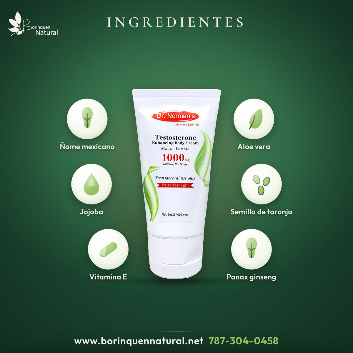Ingredientes de la crema de testosterona: ñame mexicano, aloe vera, jojoba, vitamina E, panax ginseng y semilla de toronja