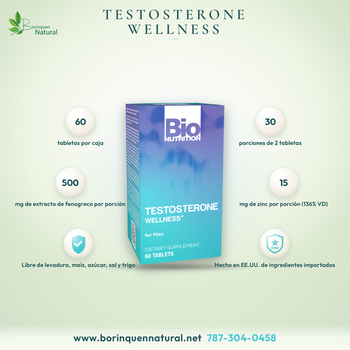 Testosterone Wellness for Men de Bio Nutrition, caja de 60 tabletas con fenogreco, tribulus, rodiola, zarzaparrilla, zinc y vitamina E