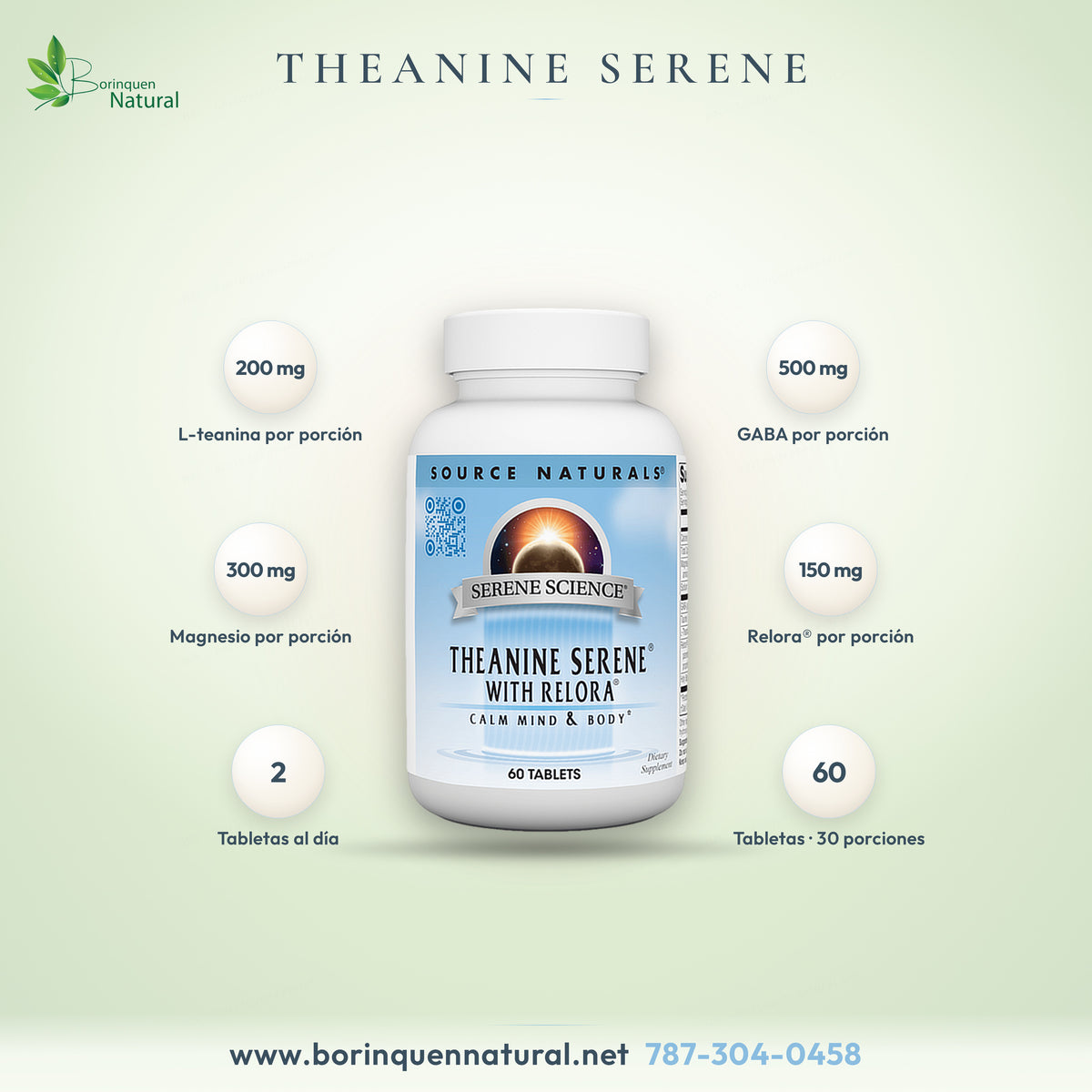 Theanine Serene with Relora de Source Naturals, L-teanina, GABA y magnesio, frasco de 60 tabletas