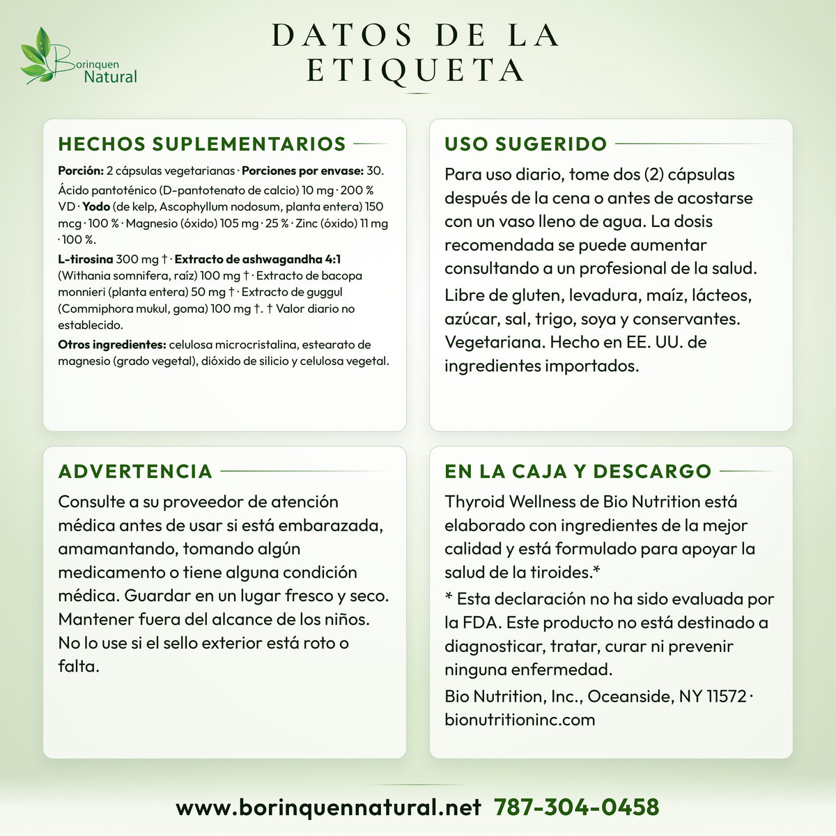 Datos de la etiqueta del Thyroid Wellness de Bio Nutrition: hechos suplementarios, uso y advertencias de la caja