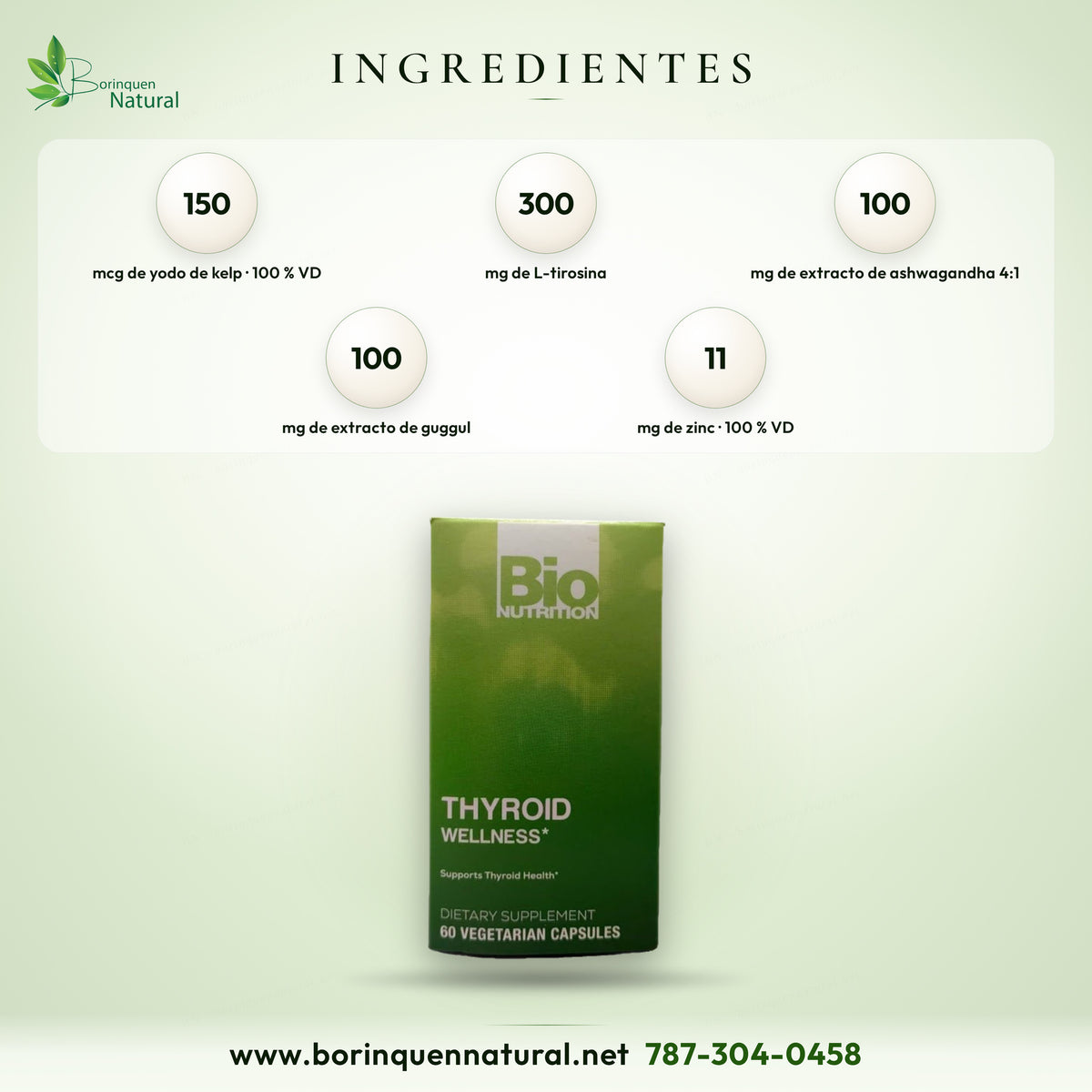 Ingredientes del Thyroid Wellness de Bio Nutrition: yodo de kelp, L-tirosina, ashwagandha, bacopa, guggul y zinc