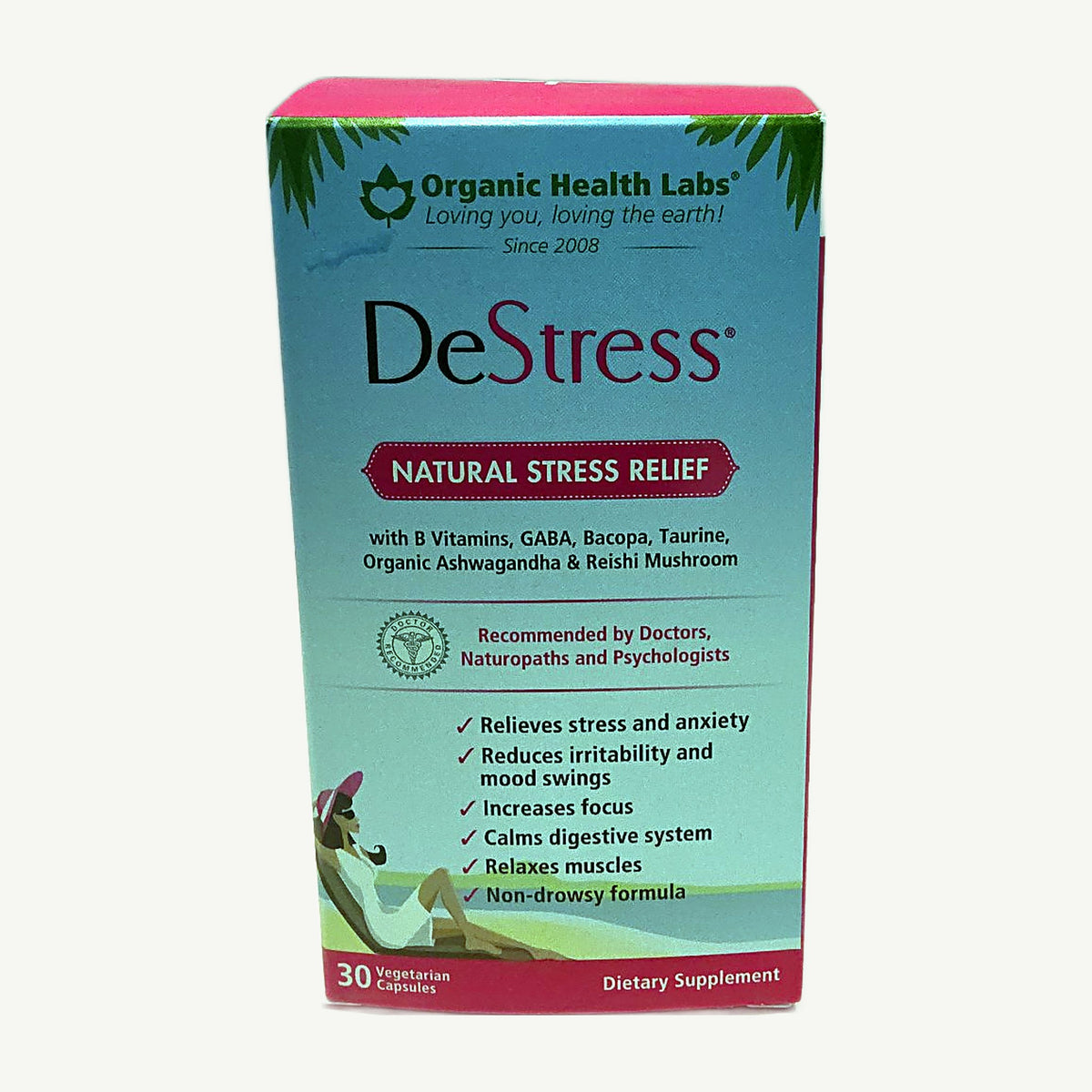 DeStress de Organic Health Labs: foto real del envase tomada en la tienda Borinquen Natural (1 de 5)