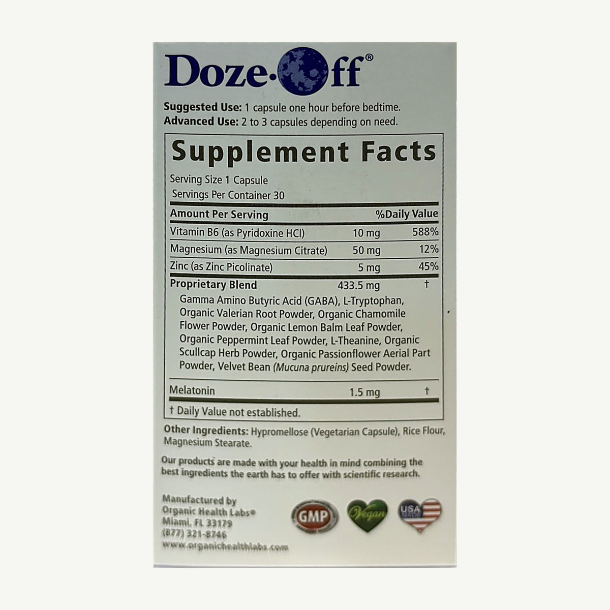 Doze-Off Organic Health Labs: foto real del envase tomada en la tienda Borinquen Natural (1 de 1)