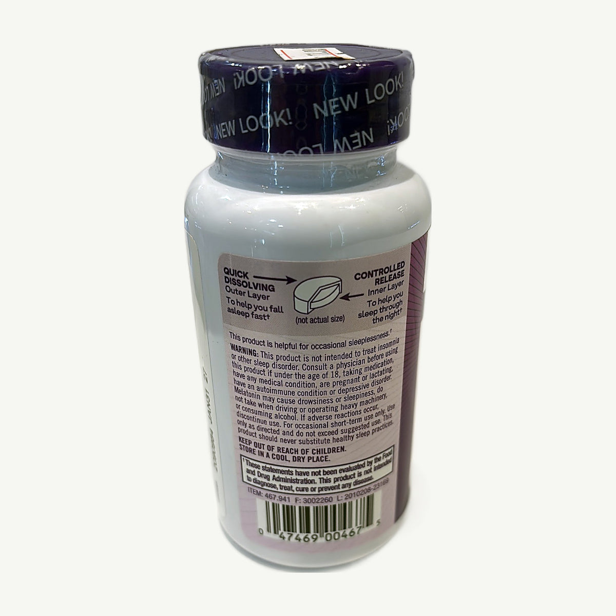 Melatonina 1 mg Natrol: foto real del envase tomada en la tienda Borinquen Natural, avisos y código (3 de 3)