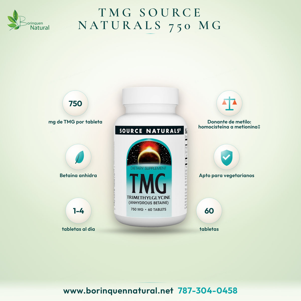 TMG trimetilglicina (betaína anhidra) 750 mg de Source Naturals, suplemento dietético, frasco de 60 tabletas