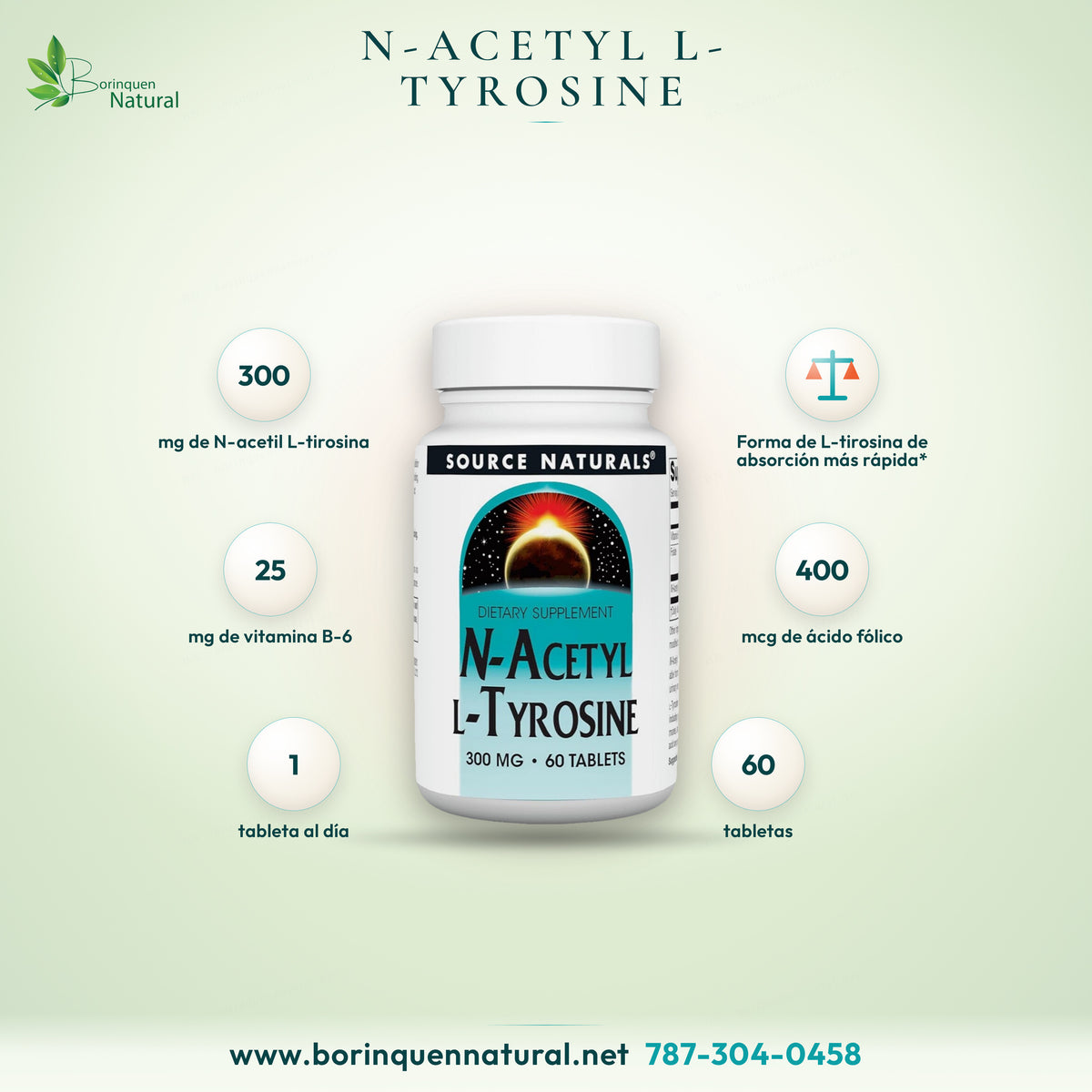 N-Acetyl L-Tyrosine de Source Naturals, 300 mg con vitamina B-6 y ácido fólico, frasco de 60 tabletas
