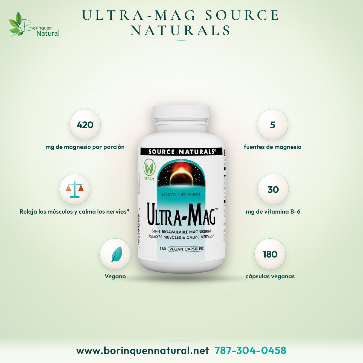 Ultra-Mag de Source Naturals, magnesio biodisponible 5 en 1 con vitamina B-6, frasco de 180 cápsulas veganas