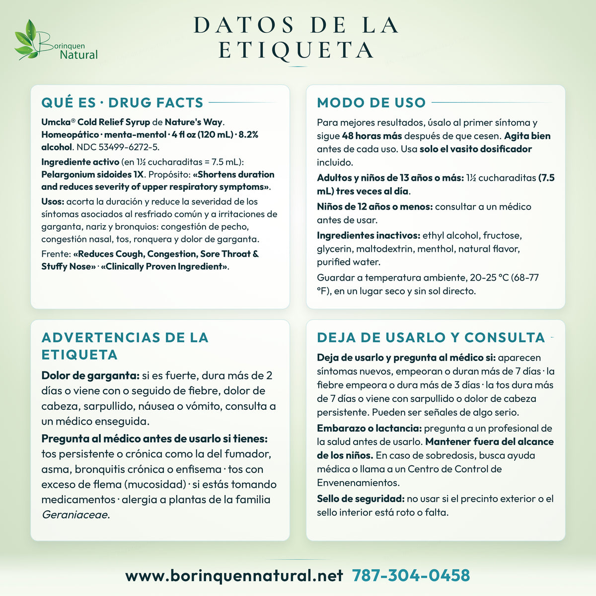 Datos de la etiqueta de Umcka Cold Relief Syrup de Nature's Way: Drug Facts, usos, modo de uso, advertencias e ingredientes inactivos