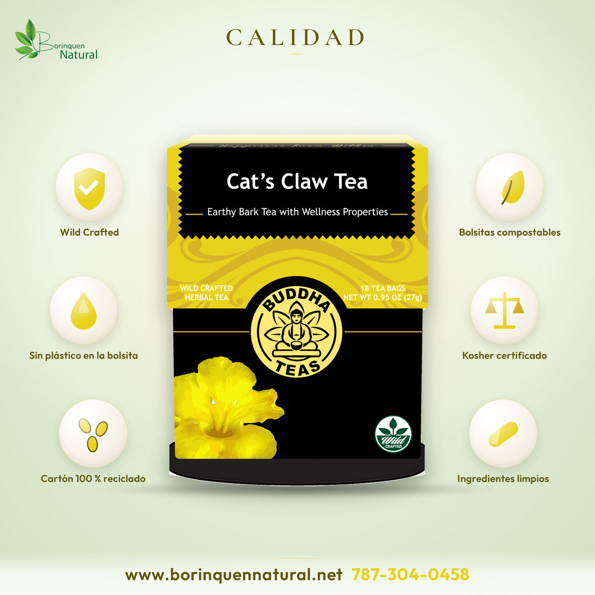 Té de uña de gato de Buddha Teas con bolsitas compostables sin plástico, cartón 100 % reciclado y certificación kosher (foto de archivo)