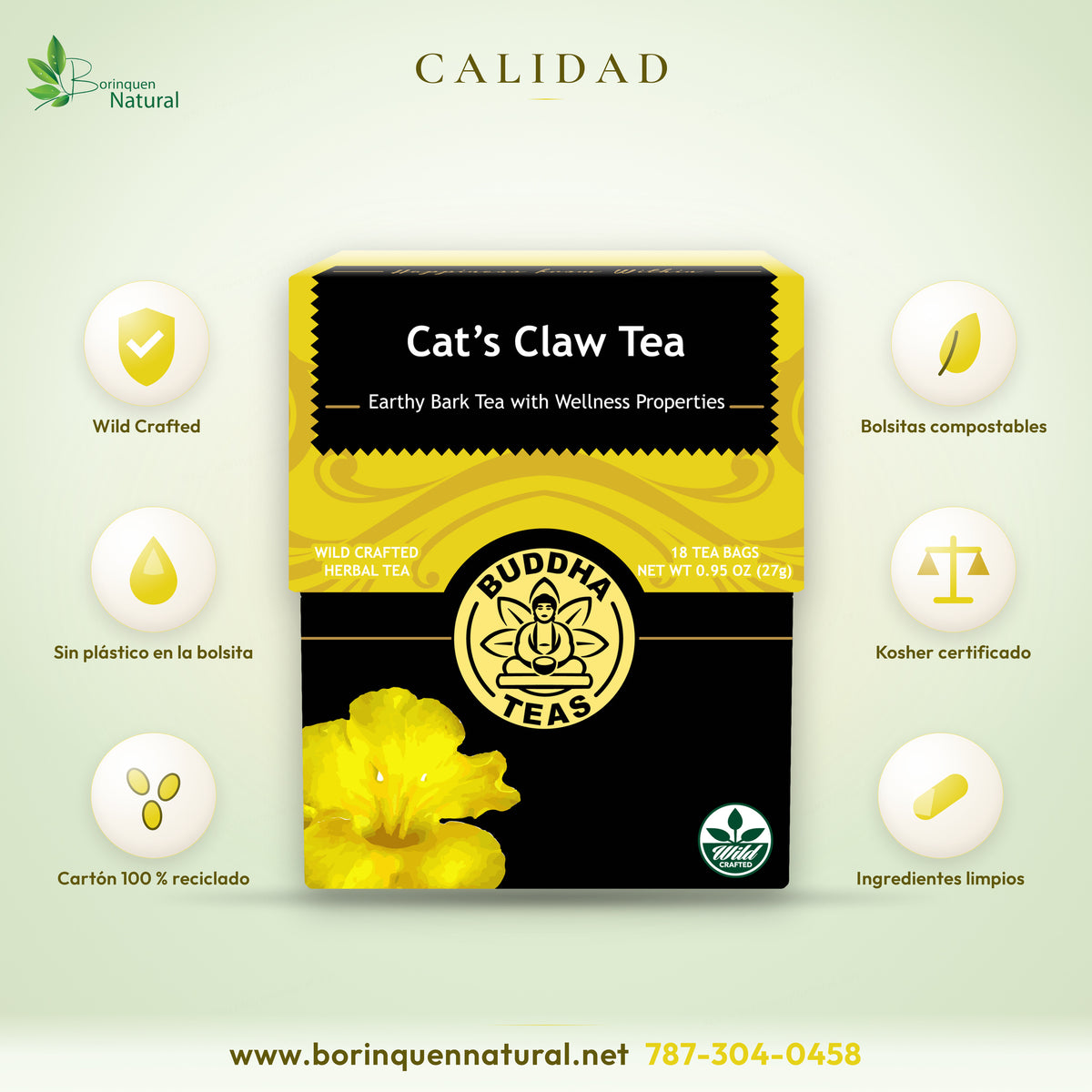 Buddha Teas cat's claw tea with compostable plastic-free tea bags, 100% recycled carton and kosher certification