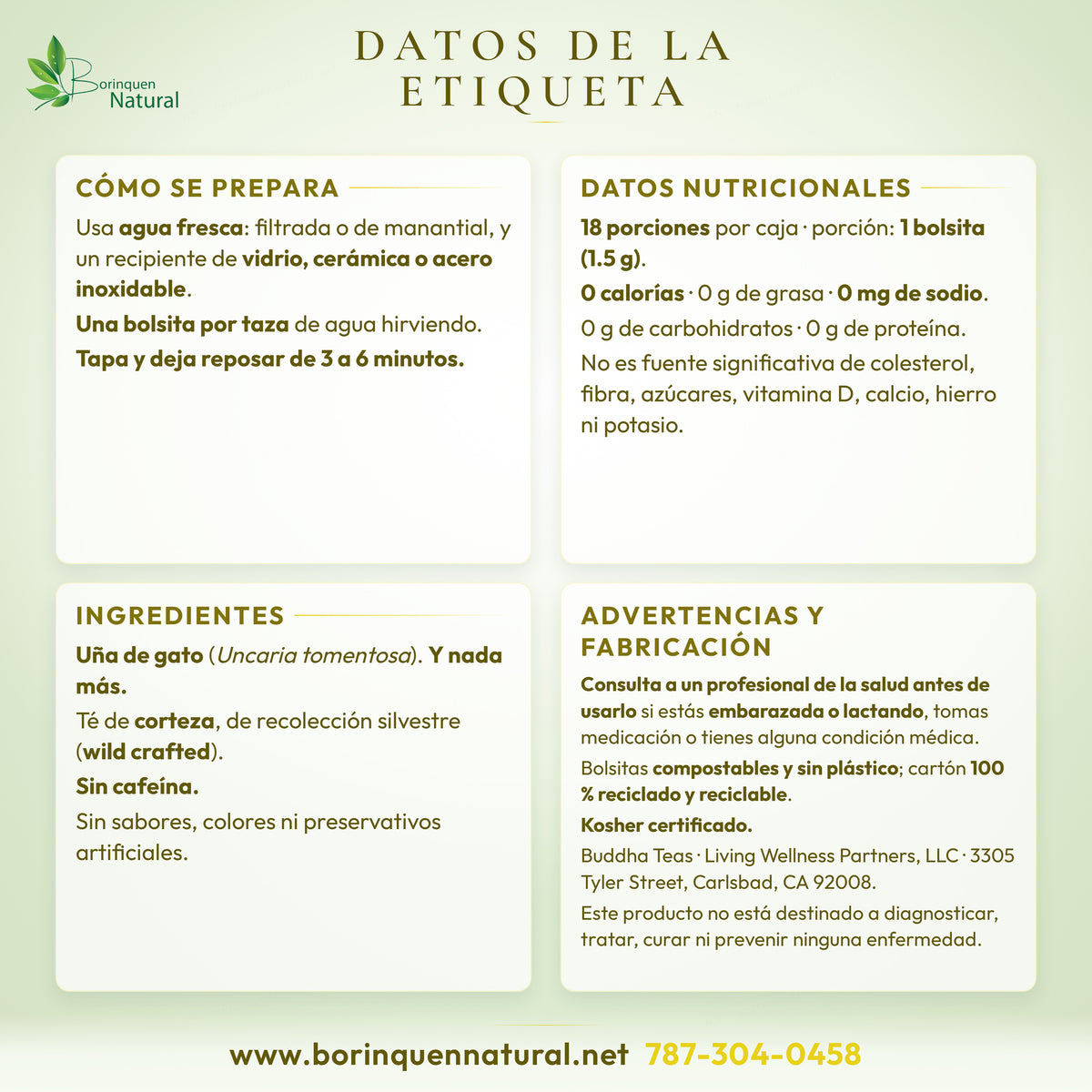 Datos de la etiqueta del té de uña de gato: preparación, datos nutricionales, ingredientes y advertencias