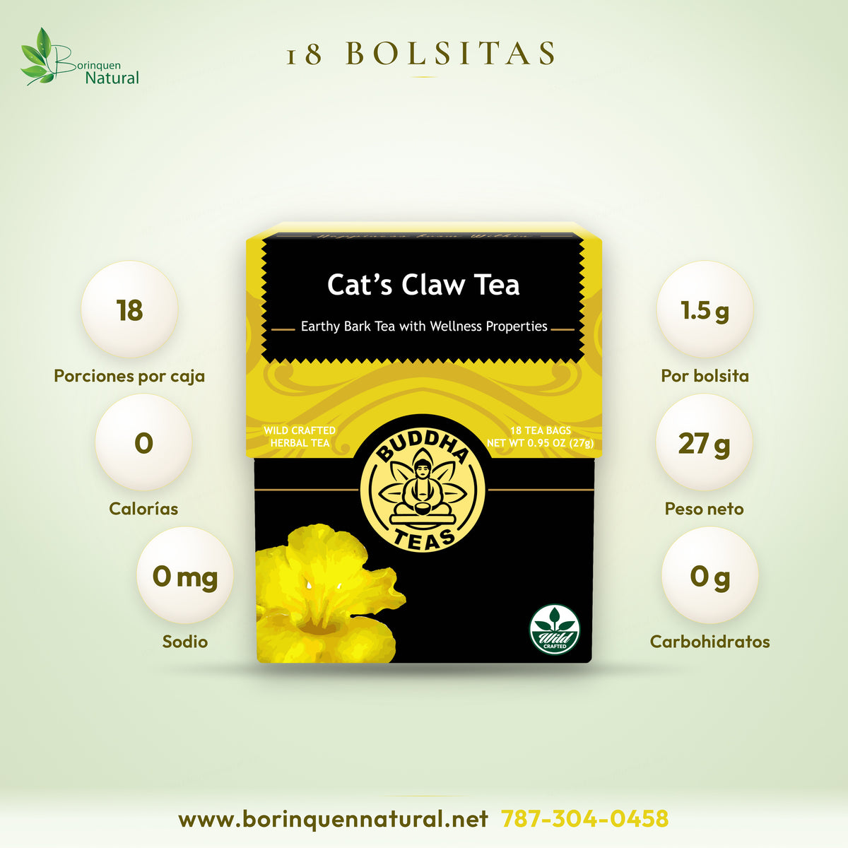 Cat's claw tea numbers: 18 servings, 1.5 grams per tea bag, zero calories and zero sodium
