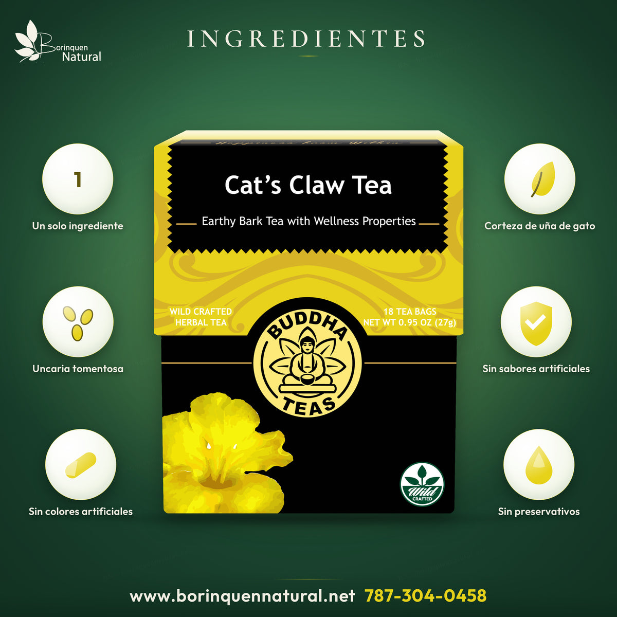 Buddha Teas cat's claw tea ingredients: only cat's claw bark, no artificial flavors, colors or preservatives