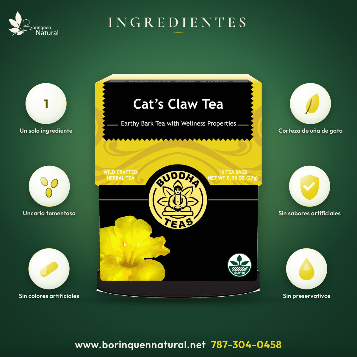 Ingredientes del té de uña de gato de Buddha Teas: solo corteza de uña de gato, sin sabores, colores ni preservativos artificiales (foto de archivo)