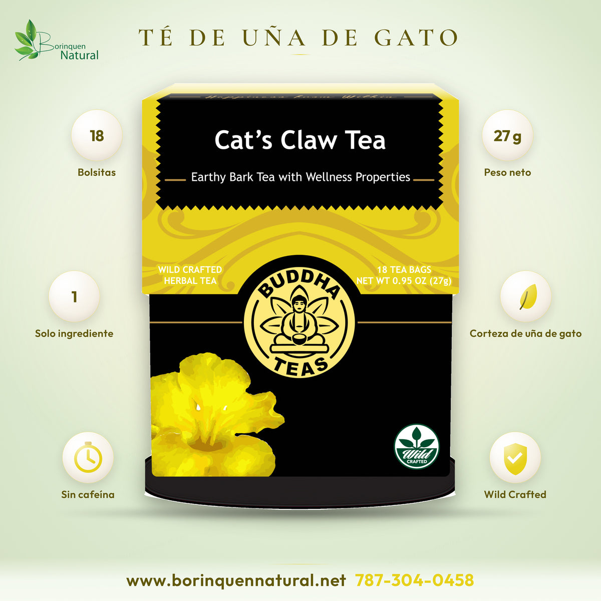 Té de uña de gato de Buddha Teas, caja de 18 bolsitas con 27 gramos de corteza de uña de gato silvestre, sin cafeína y de un solo ingrediente (foto de archivo)