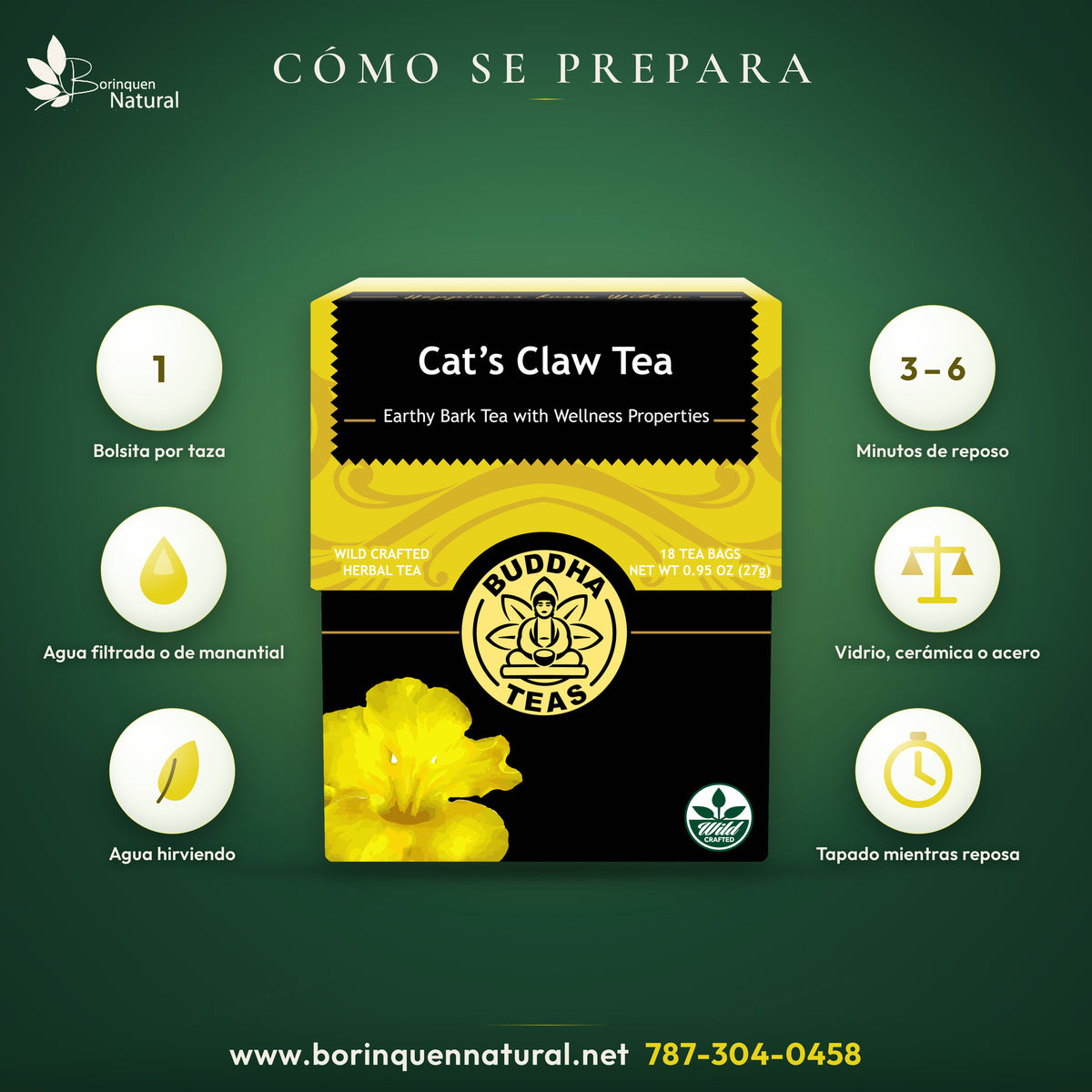 How to prepare cat's claw tea: one tea bag per cup of boiling water, cover and steep for 3 to 6 minutes