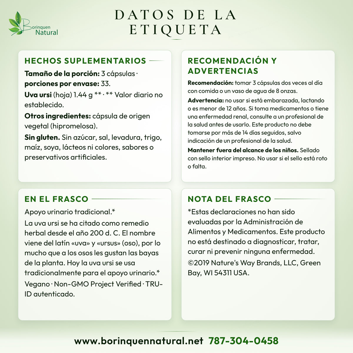 Datos de la etiqueta del Uva Ursi de Nature's Way: hechos suplementarios, recomendación, advertencias y lo que dice el frasco