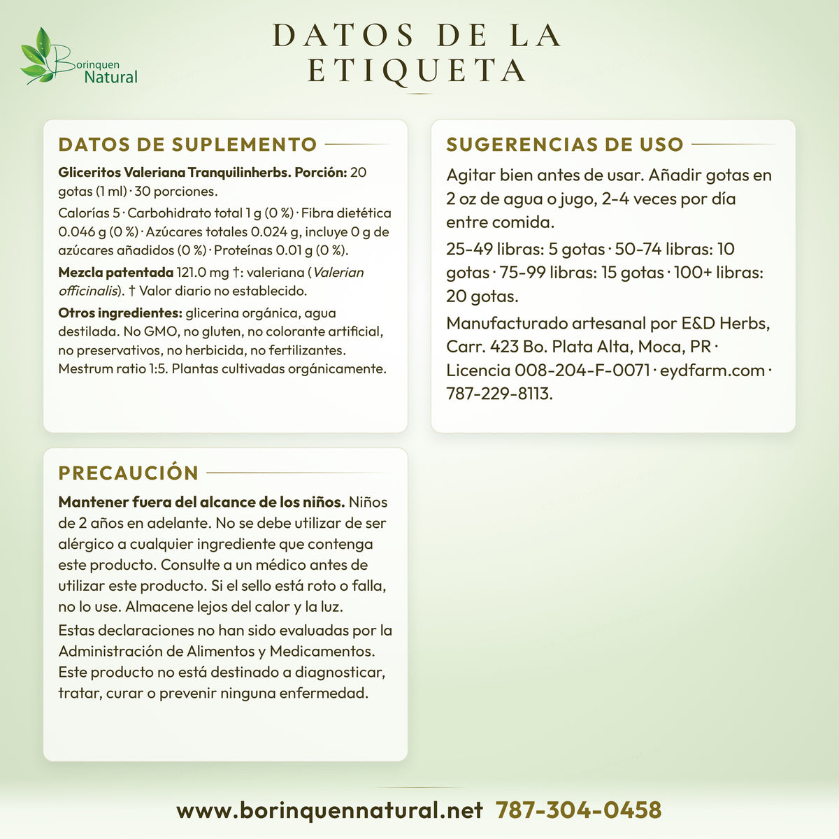 Datos de la etiqueta de Valeriana Kids E&D Herbs: datos de suplemento, uso por peso y precaución