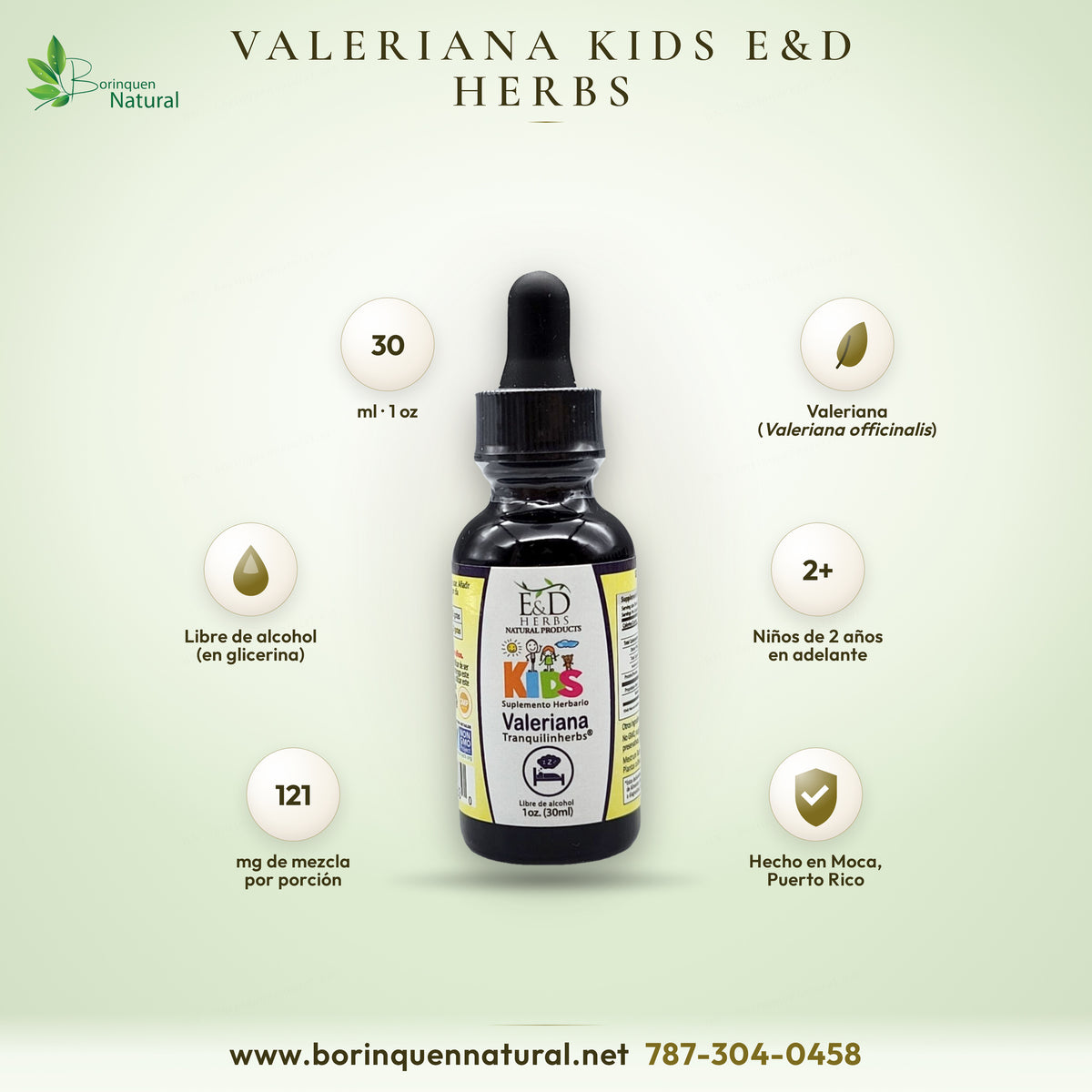 Valeriana Kids Tranquilinherbs de E&D Herbs, suplemento herbario en gotas sin alcohol de 1 oz