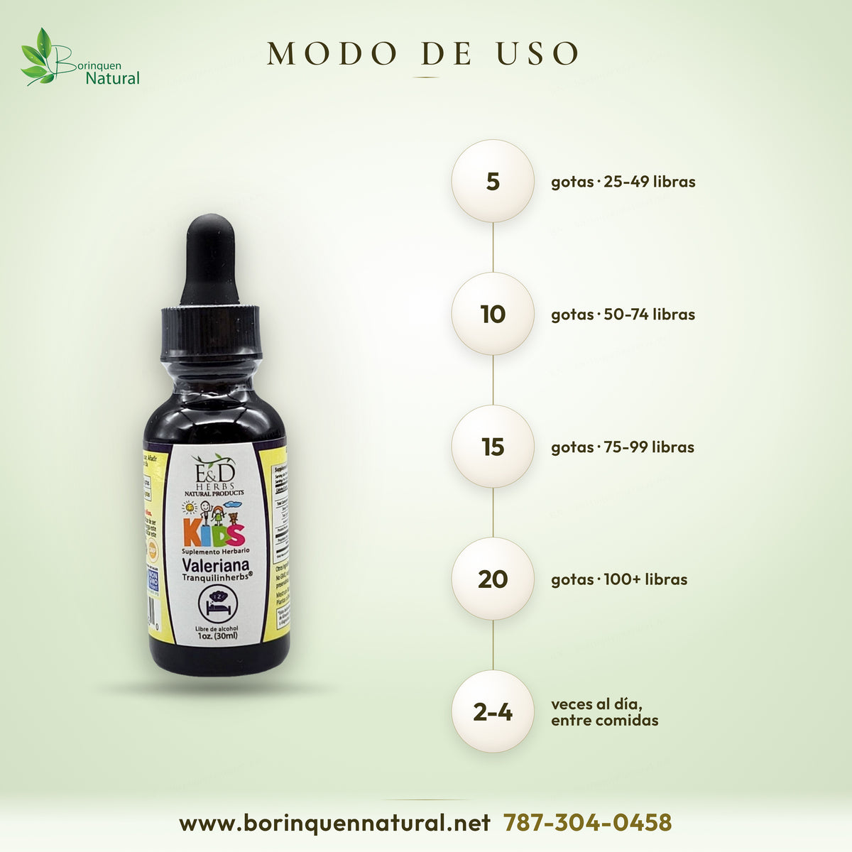 Modo de uso de Valeriana Kids E&D Herbs: gotas según el peso del niño en 2 oz de agua o jugo, 2-4 veces al día