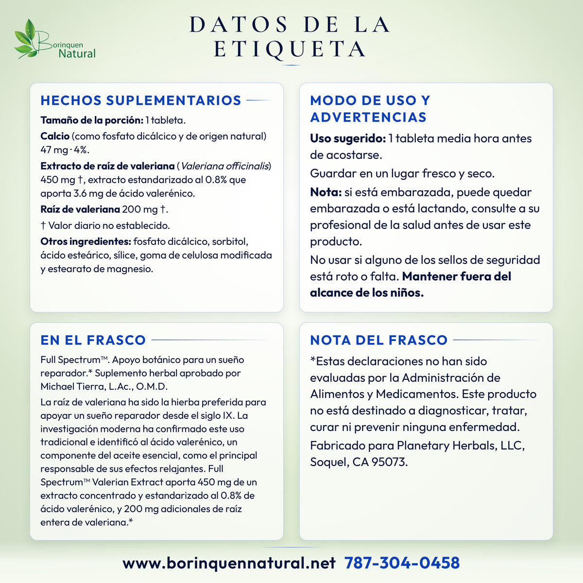 Datos de la etiqueta del Valerian Extract de Planetary Herbals: hechos suplementarios, otros ingredientes, modo de uso, advertencias y lo que dice el frasco