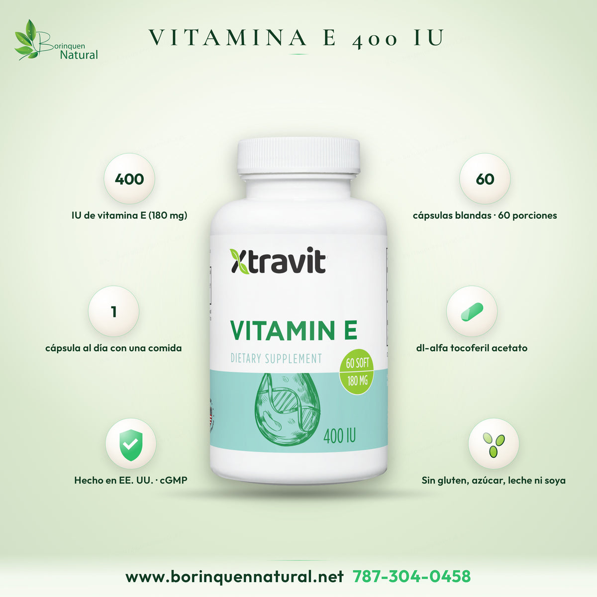 Vitamina E 400 IU Xtravit, 180 mg de dl-alfa tocoferil acetato por cápsula blanda, frasco de 60 cápsulas blandas