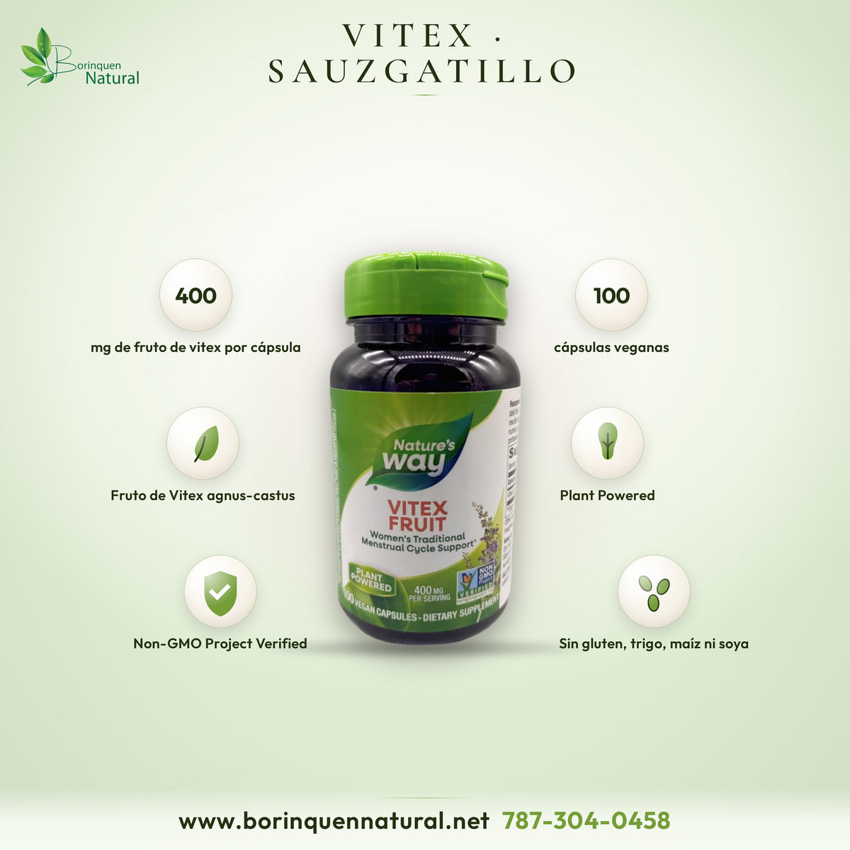 Vitex Fruit (sauzgatillo) de Nature's Way, frasco de 100 cápsulas veganas de 400 mg de fruto de Vitex agnus-castus