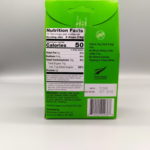 Wedderspoon Organic Manuka Honey Drops, Eucalyptus + Bee Propolis, 4.0 Oz, Unpasteurized, Genuine New Zealand Honey, Perfect Remedy For Dry Throats