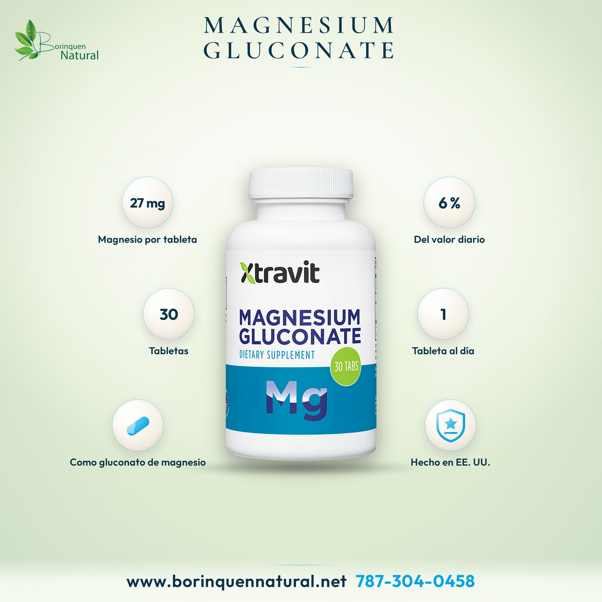 Magnesium Gluconate de Xtravit, magnesio como gluconato de magnesio, frasco de 30 tabletas