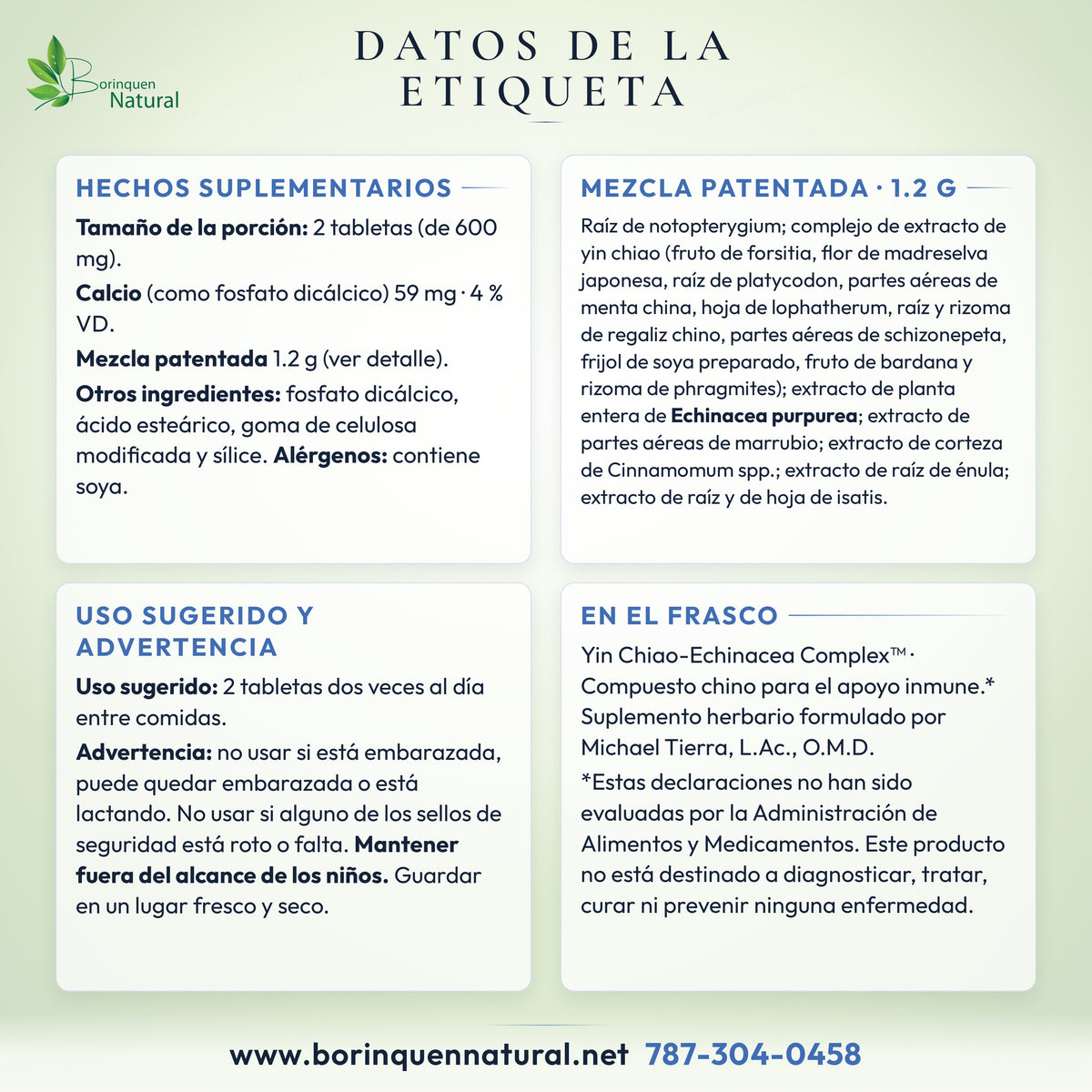 Datos de la etiqueta del Yin Chiao-Echinacea Complex de Planetary Herbals: hechos suplementarios, otros ingredientes, uso sugerido y advertencia