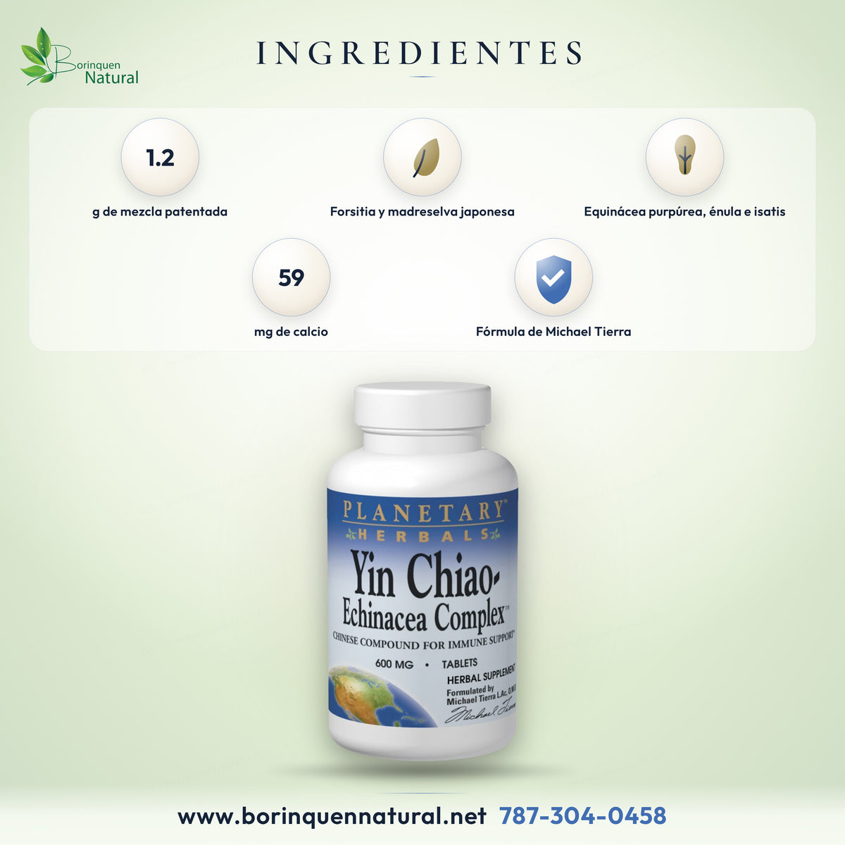 Ingredientes del Yin Chiao-Echinacea Complex de Planetary Herbals: complejo de extracto de yin chiao con forsitia y madreselva, equinácea purpúrea, marrubio, canela, énula e isatis