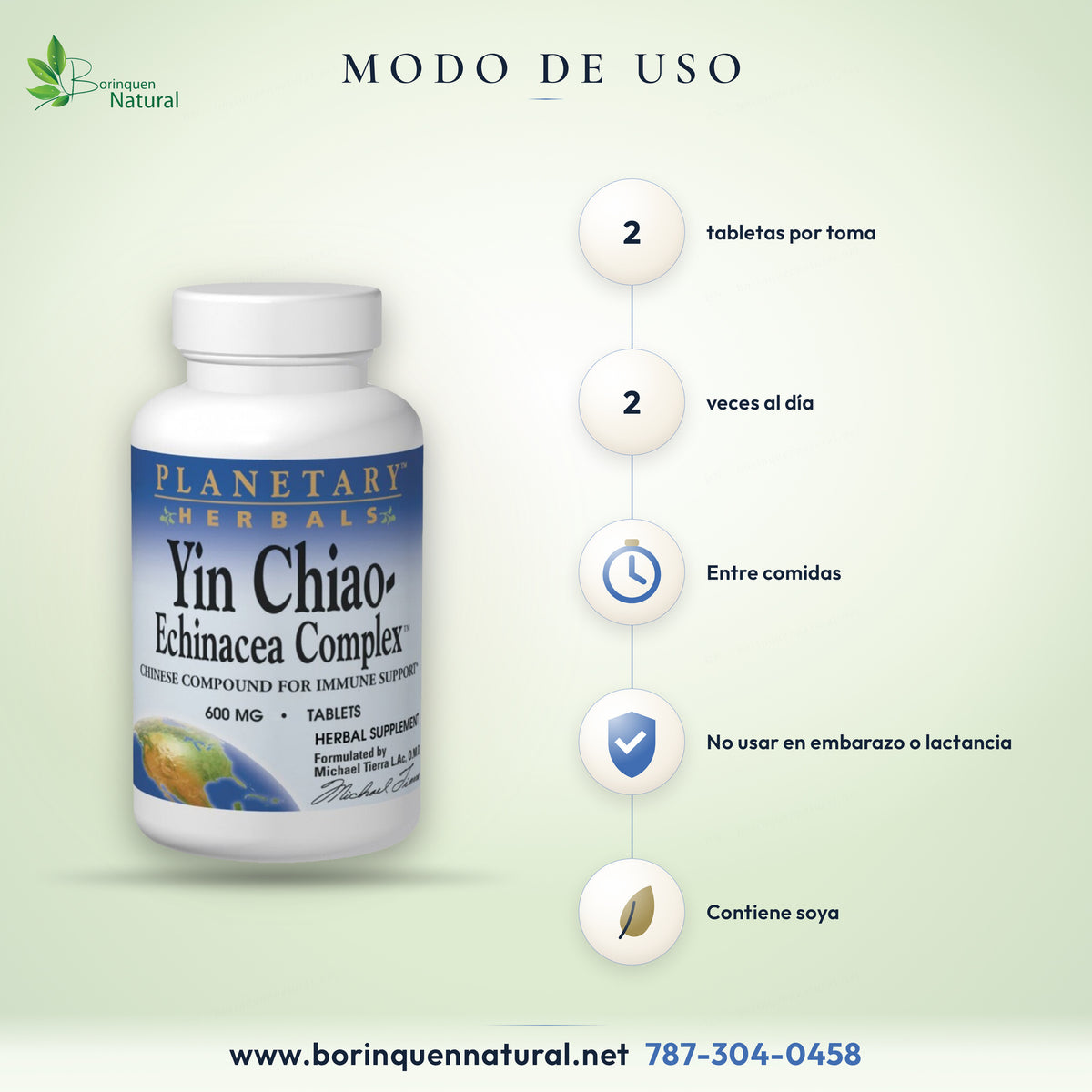 Modo de uso del Yin Chiao-Echinacea Complex de Planetary Herbals: 2 tabletas dos veces al día entre comidas
