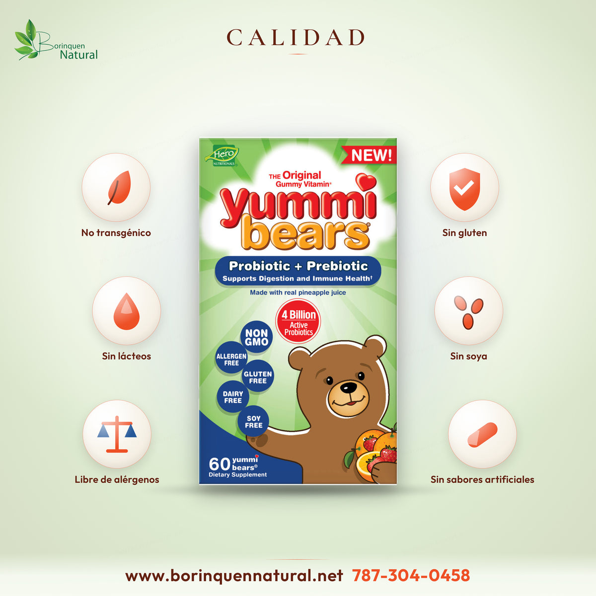 Yummi Bears Probiotic + Prebiotic sin gluten, sin lácteos, sin soya, no transgénico y sin sabores ni colores artificiales