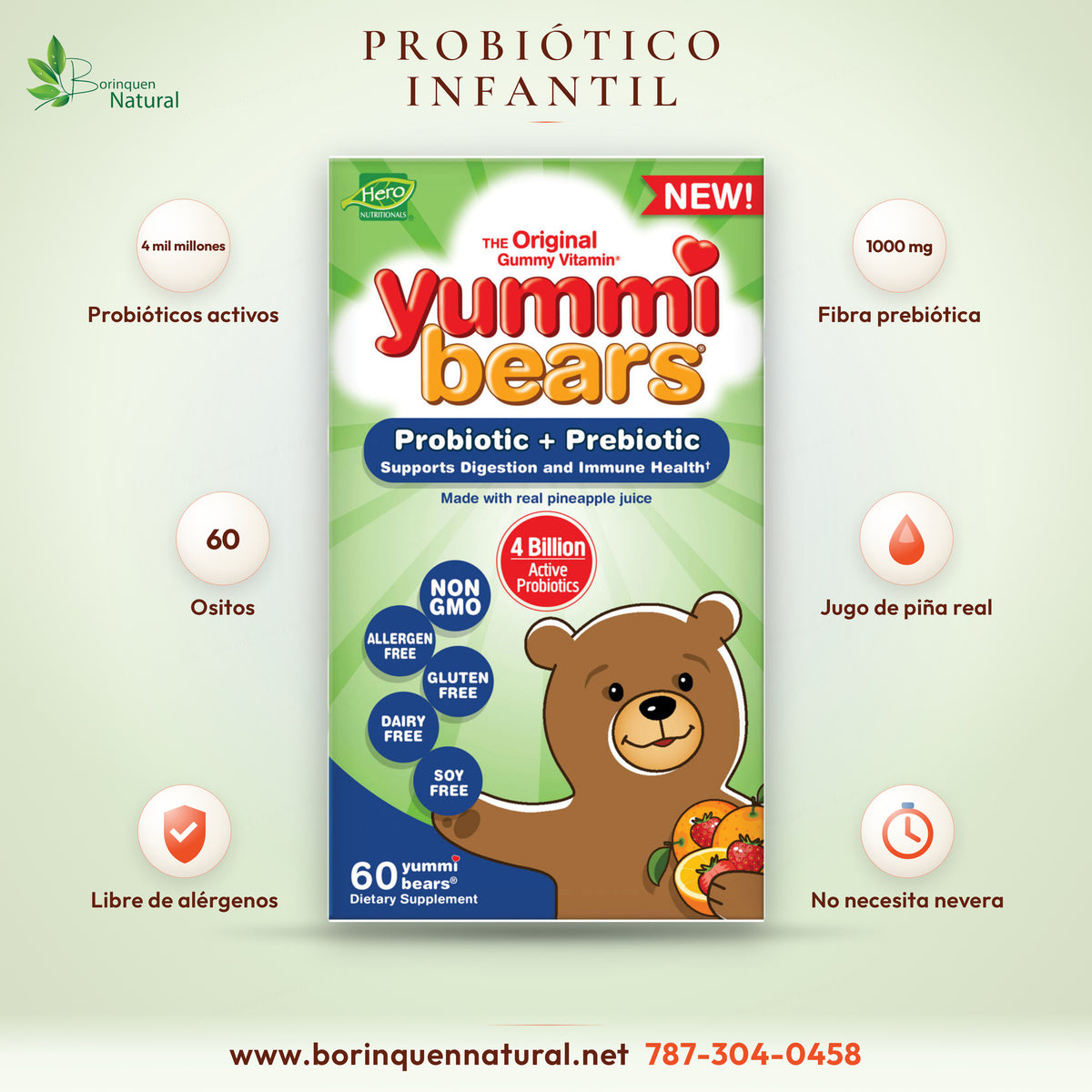 Yummi Bears Probiotic + Prebiotic de Hero Nutritionals, caja de 60 gomitas con 4 mil millones de probióticos activos y 1000 mg de fibra prebiótica por porción, hechas con jugo de piña real