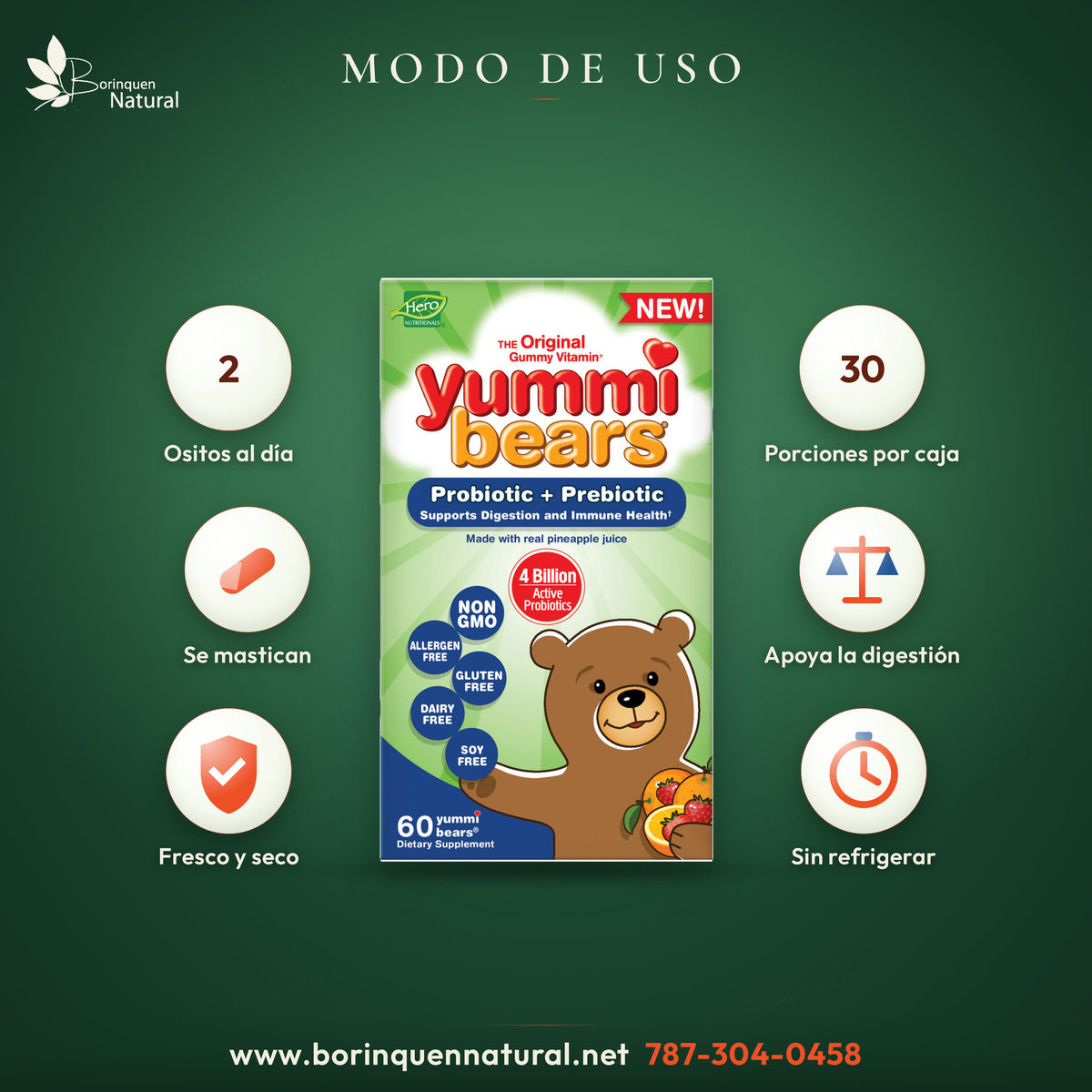 Modo de uso de los Yummi Bears Probiotic + Prebiotic: dos ositos al día para cada niño, 30 porciones por caja