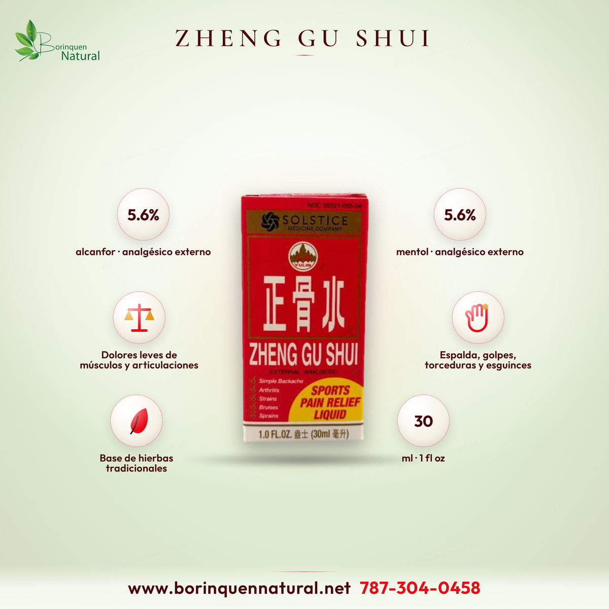Zheng Gu Shui de Solstice, analgésico externo líquido con alcanfor y mentol para dolor muscular y de articulaciones, 1 oz