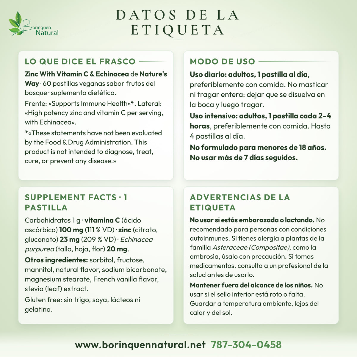 Datos de la etiqueta del Zinc con vitamina C y equinácea de Nature's Way: modo de uso, Supplement Facts y advertencias