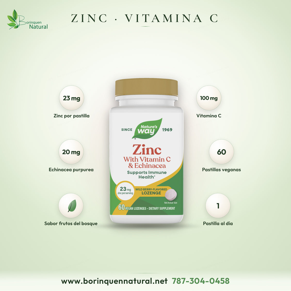 Zinc con vitamina C y equinácea de Nature's Way, 60 pastillas veganas sabor frutos del bosque, 23 mg de zinc por pastilla