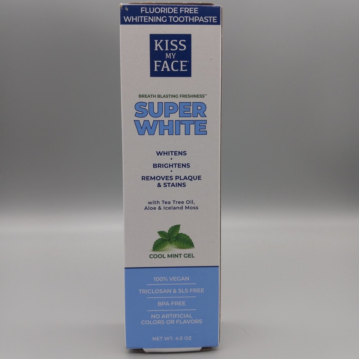 Super White - Fluoride Free Whitening Toothpaste - Cool Mint Gel - Tea Tree Oil + Aloe + Iceland Moss - 4.5oz