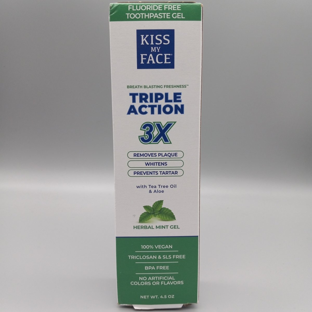 Triple Action 3x - Tea Tree Oil &amp; Aloe - Herbal Mint Gel - Fluoride Free Toothpaste Gel- 4.5oz