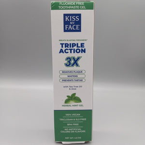 Triple Action 3x - Tea Tree Oil & Aloe - Herbal Mint Gel - Fluoride Free Toothpaste Gel- 4.5oz